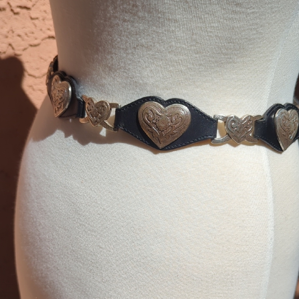 Tony Lama Black Leather Heart Link Belt with Silver Hearts